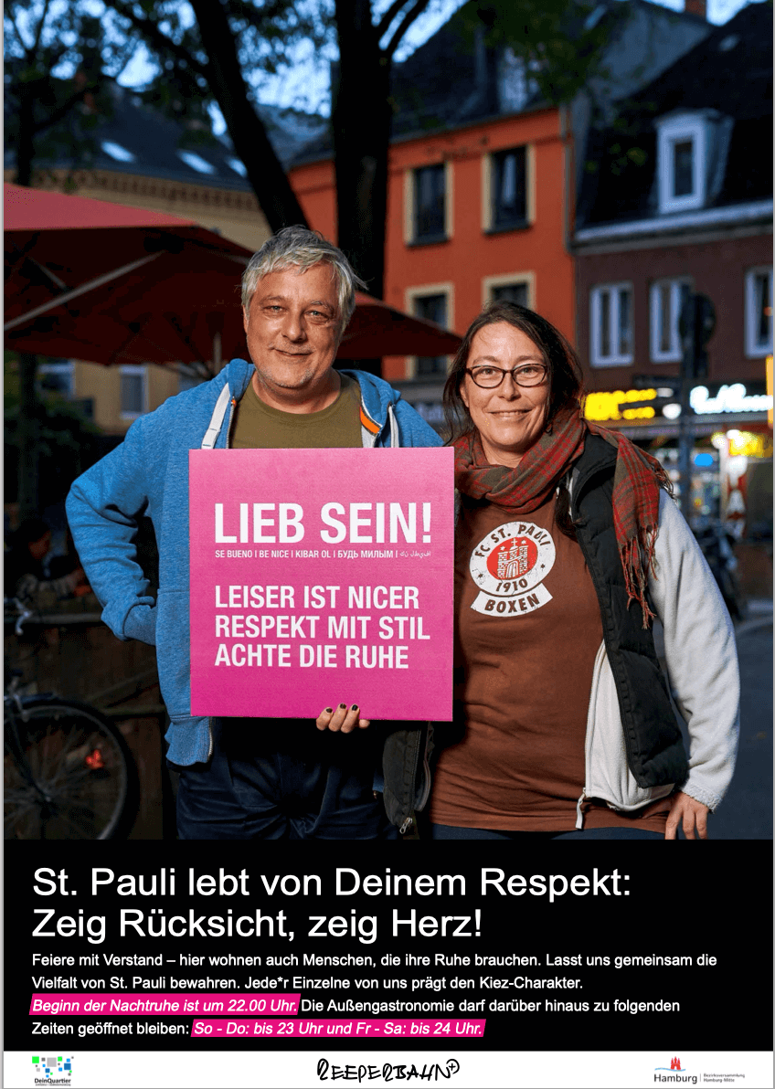 lieb-sein-kampagne-24-stunden-stadt-stadtmanufaktur Plakat der Lieb-sein-Kampagne in Hamburg: St. Pauli lebt von Deinem Respekt. Zeig Rücksicht, zeig Herz!